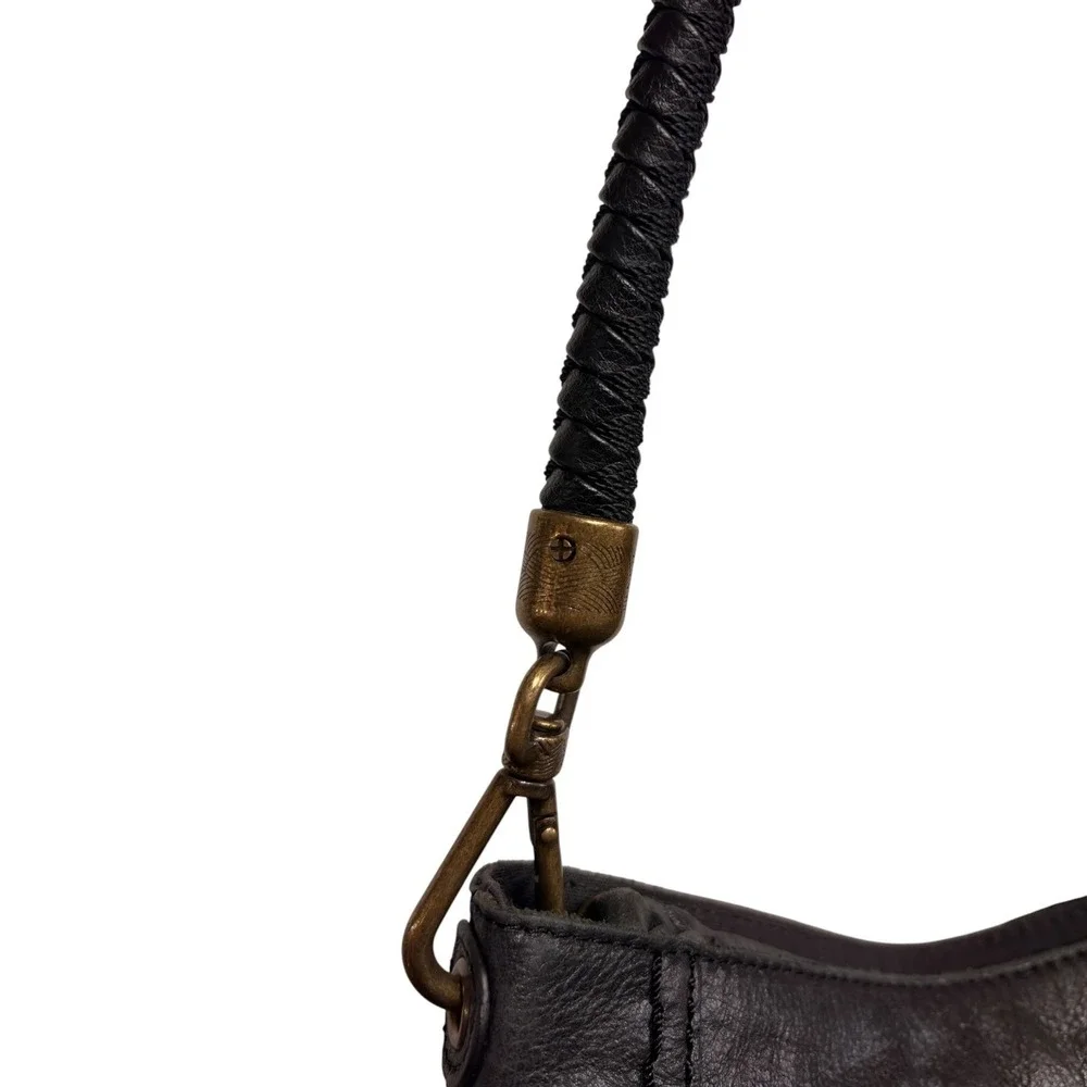 The Sak Black Leather Boho Shoulder Bag Braided Strap‎ Antique Brass Hardware